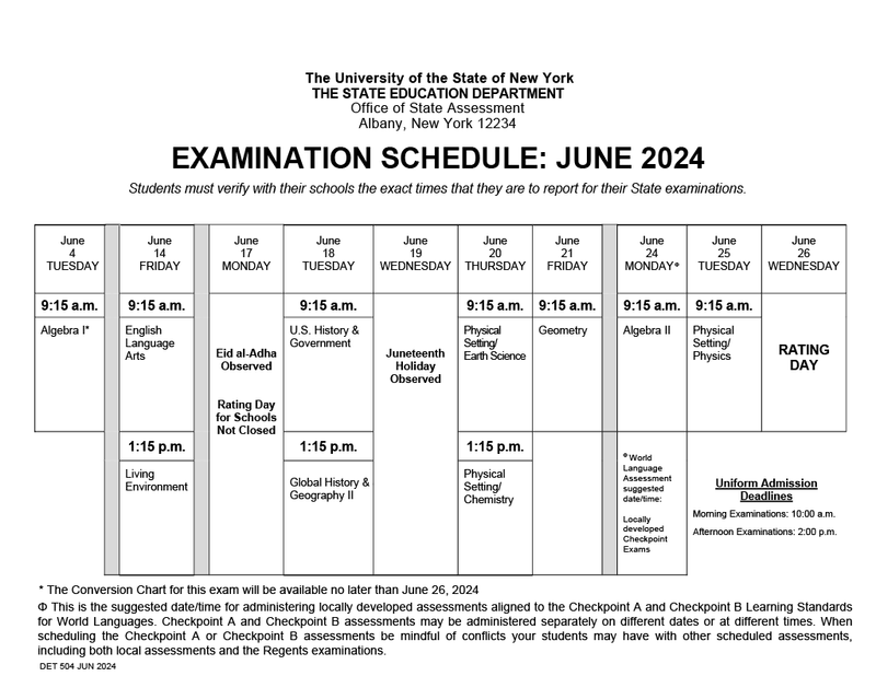 June Regents Schedule 2024